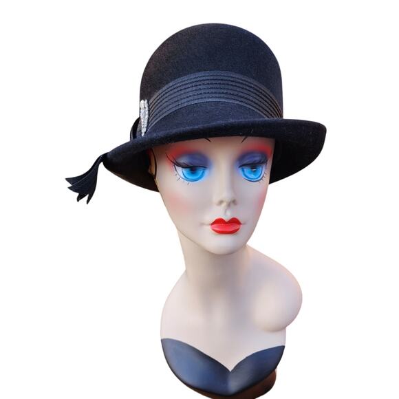 Vintage Ritz Henry Pollack Black Wool Cloche Hat Rhinestone Ribbon New York M main image 8